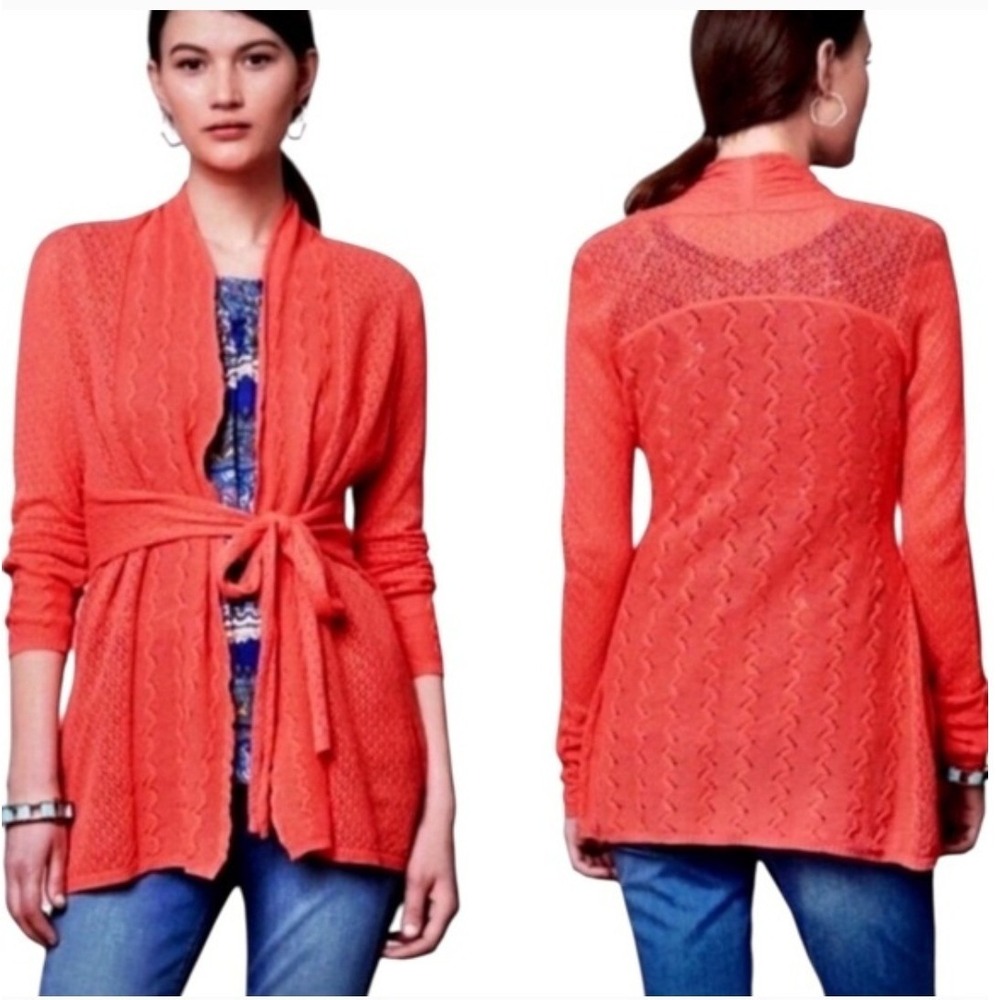 Anthropologie Knitted & Knotted Cosette Coral Tie Waist Linen Blend‎ Cardigan M